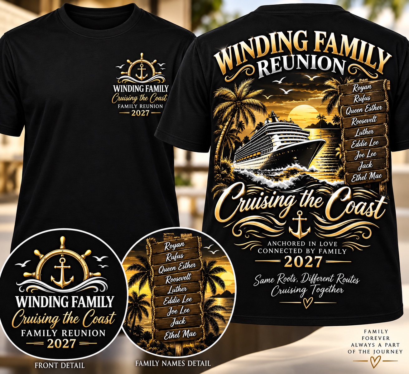 Black and gold Winding Family Reunion 2027 shirt artwork featuring a sunset, cruise ship, palm trees, and the words Cruising the Coast